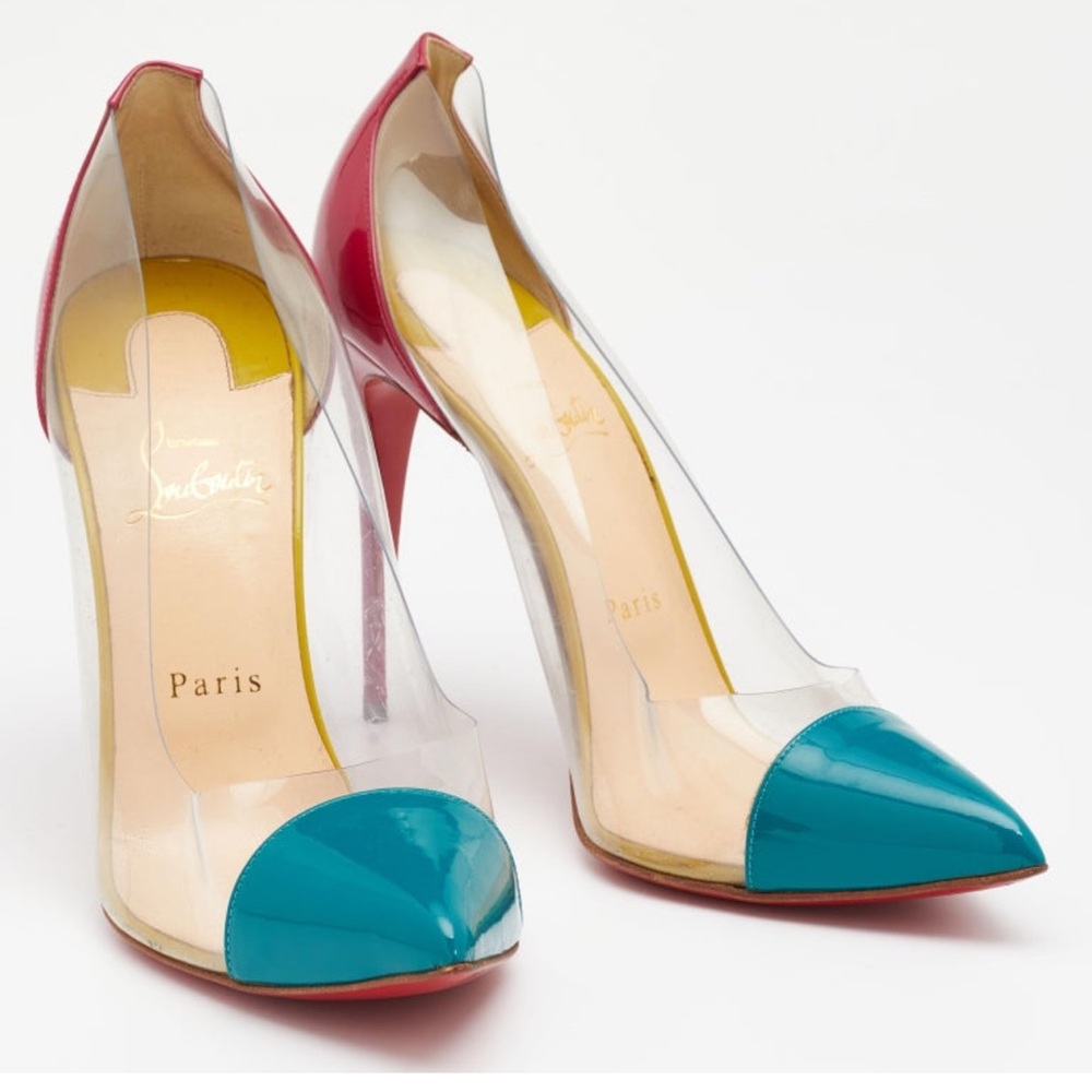 Christian Louboutin Pink/Teal Green Patent Leather And PVC Debout Pumps Size 40